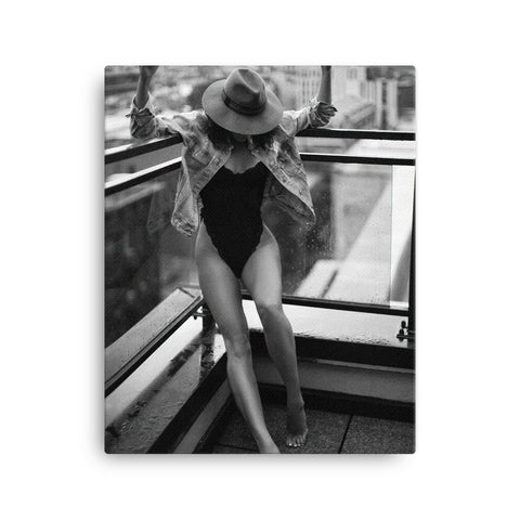 Black and White Classy photo. Great Wall art. Girl in Suede Hat on Rooftop in NYC